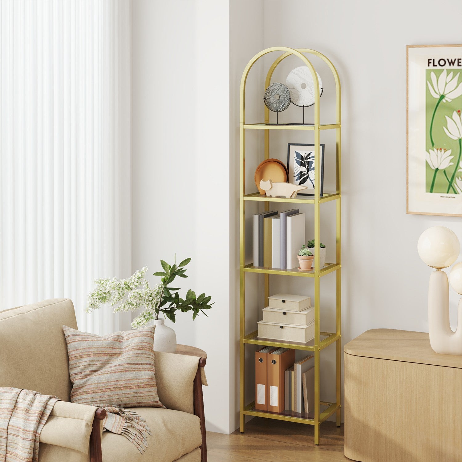 5-layer-Bücherregal aus temperiertem Glas, gewölbter Speicherplatte