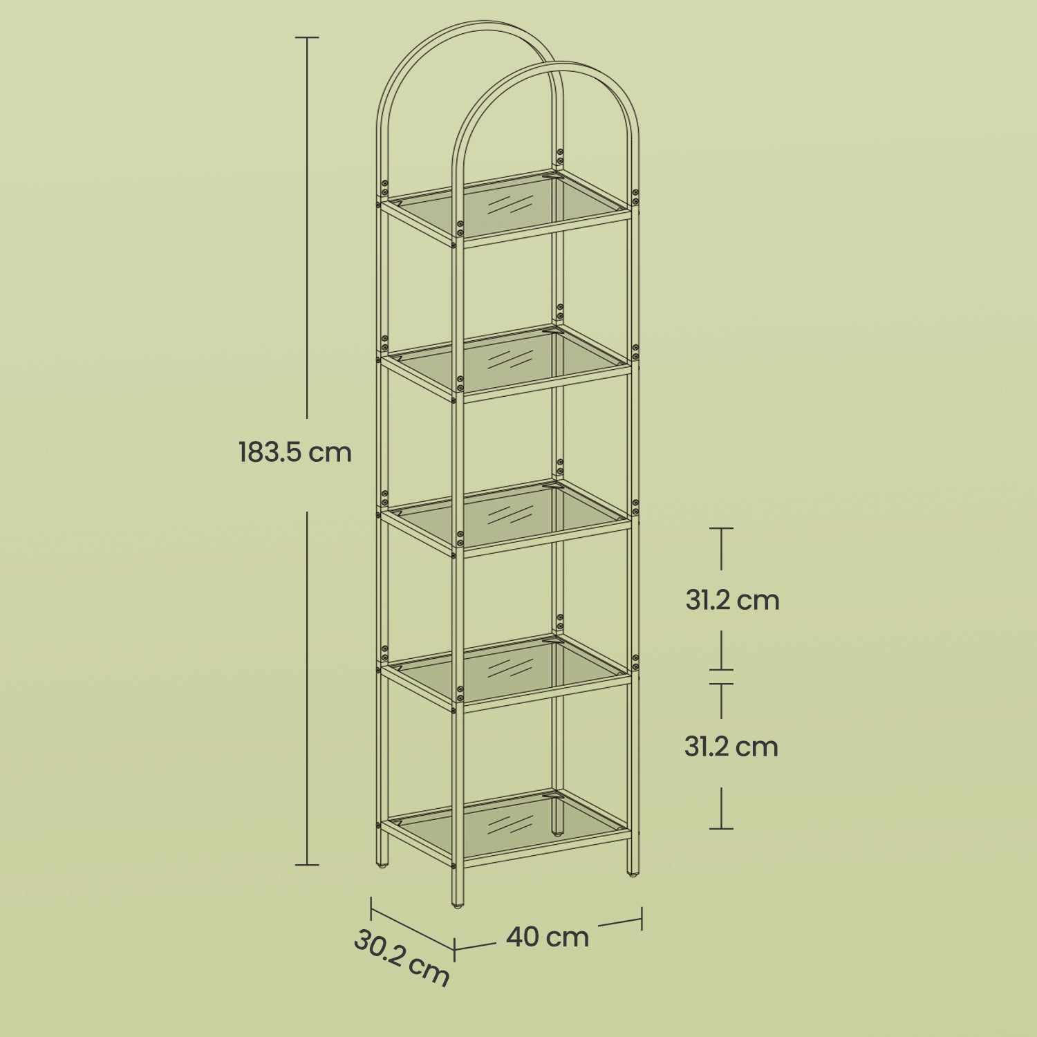 5-layer-Bücherregal aus temperiertem Glas, gewölbter Speicherplatte