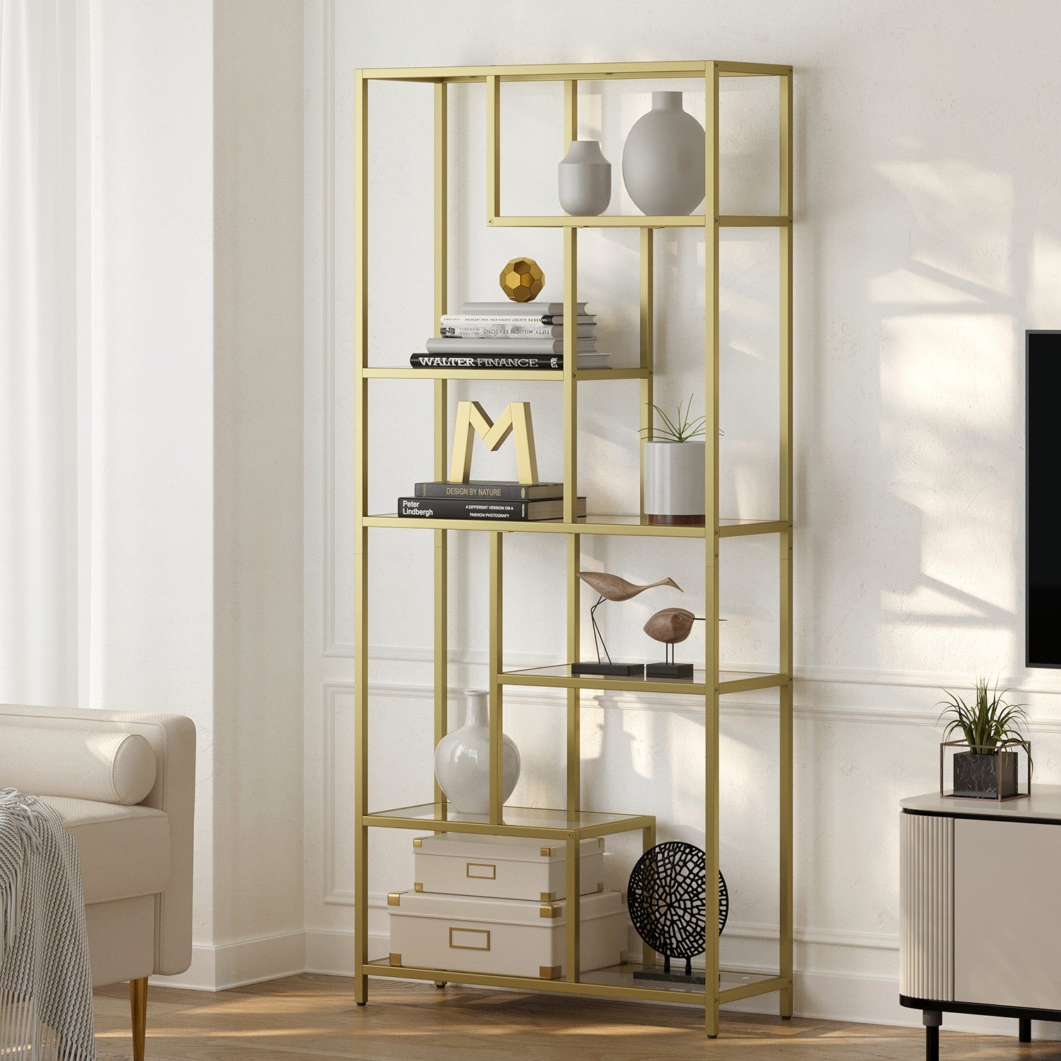 Bücherregal mit 6 Levels, Planke mit Schutzhütten aus geschmittertem Glas, stehendem Gleitbrett
