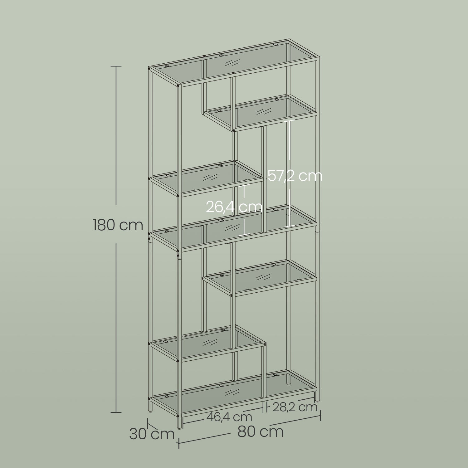 Bücherregal mit 6 Levels, Planke mit Schutzhütten aus geschmittertem Glas, stehendem Gleitbrett