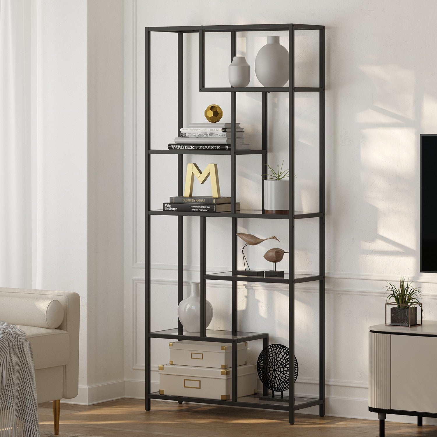 Bücherregal mit 6 Levels, Planke mit Schutzhütten aus geschmittertem Glas, stehendem Gleitbrett