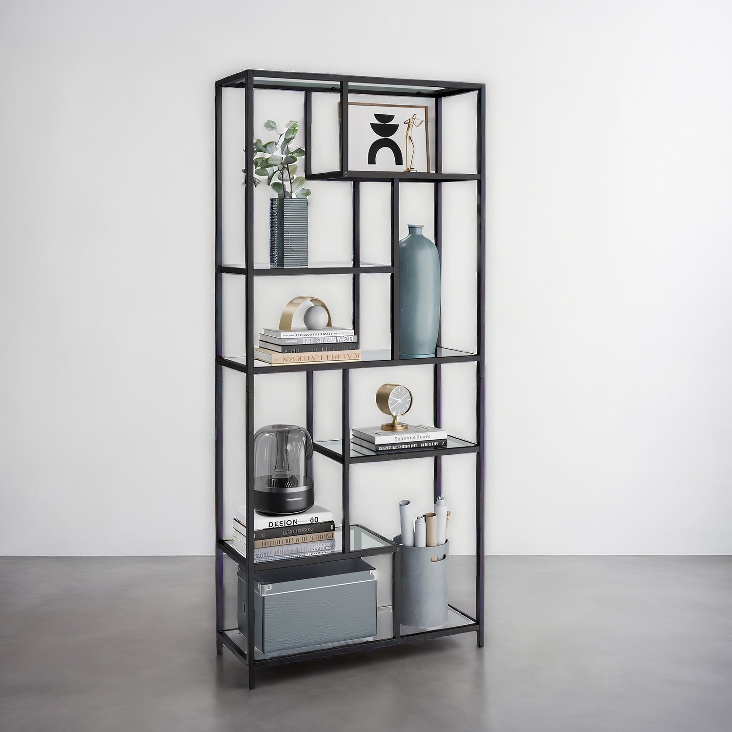 Bücherregal mit 6 Levels, Planke mit Schutzhütten aus geschmittertem Glas, stehendem Gleitbrett