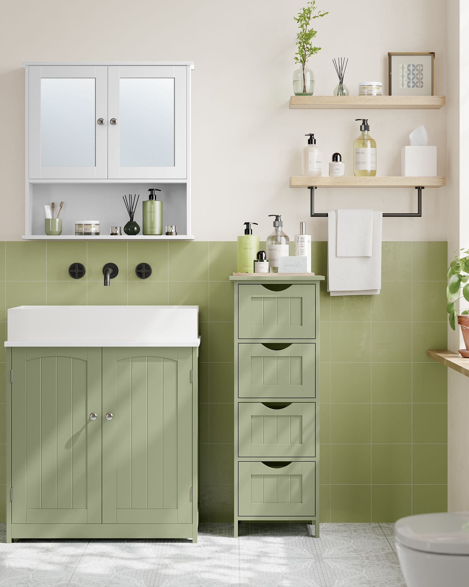 Badezimmerschrank - 4 Schubladen - 30 × 30 × 82 cm - Laurelgrün