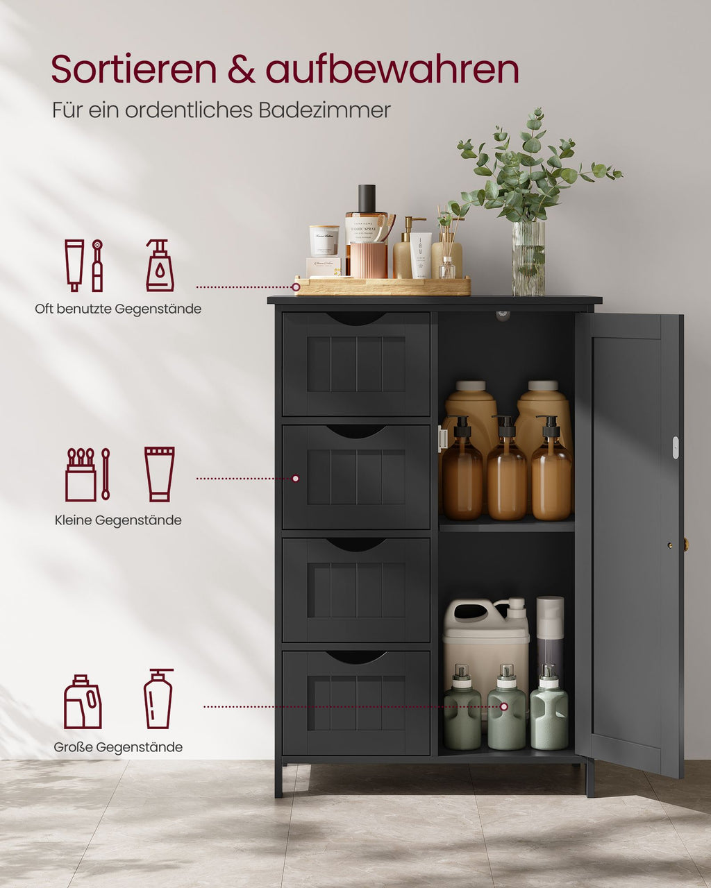 Badezimmermöbel - 4 Schubladen - 30 × 55 × 82 cm - Tinte Schwarz