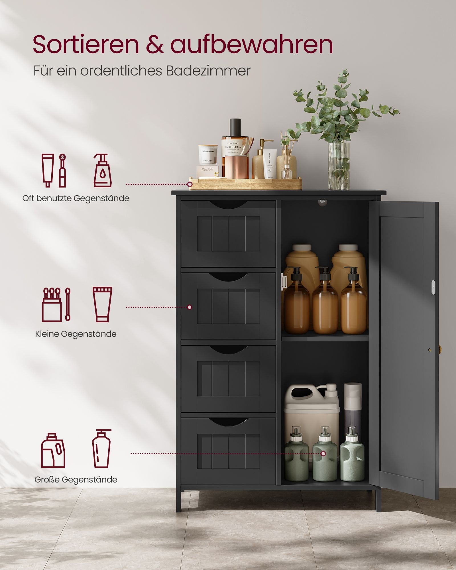 Badezimmermöbel - 4 Schubladen - 30 × 55 × 82 cm - Tinte Schwarz