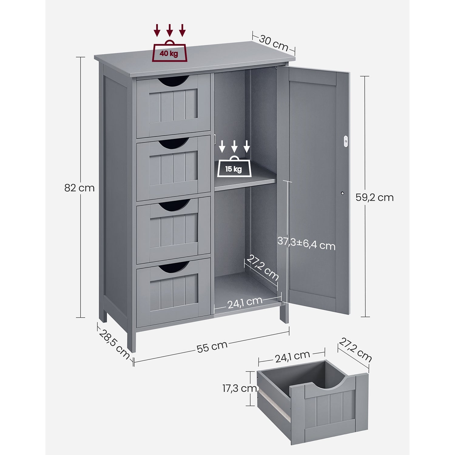 Schmaler Schrank - Badezimmerschrank - mit 4 Schubladen - grau