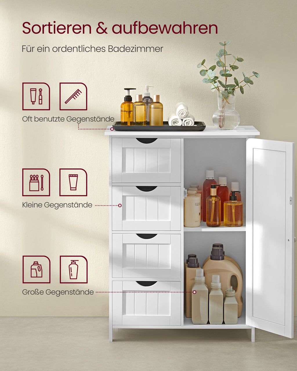 Badezimmerschrank - schmal - 4 Schubladen - Wolkwit