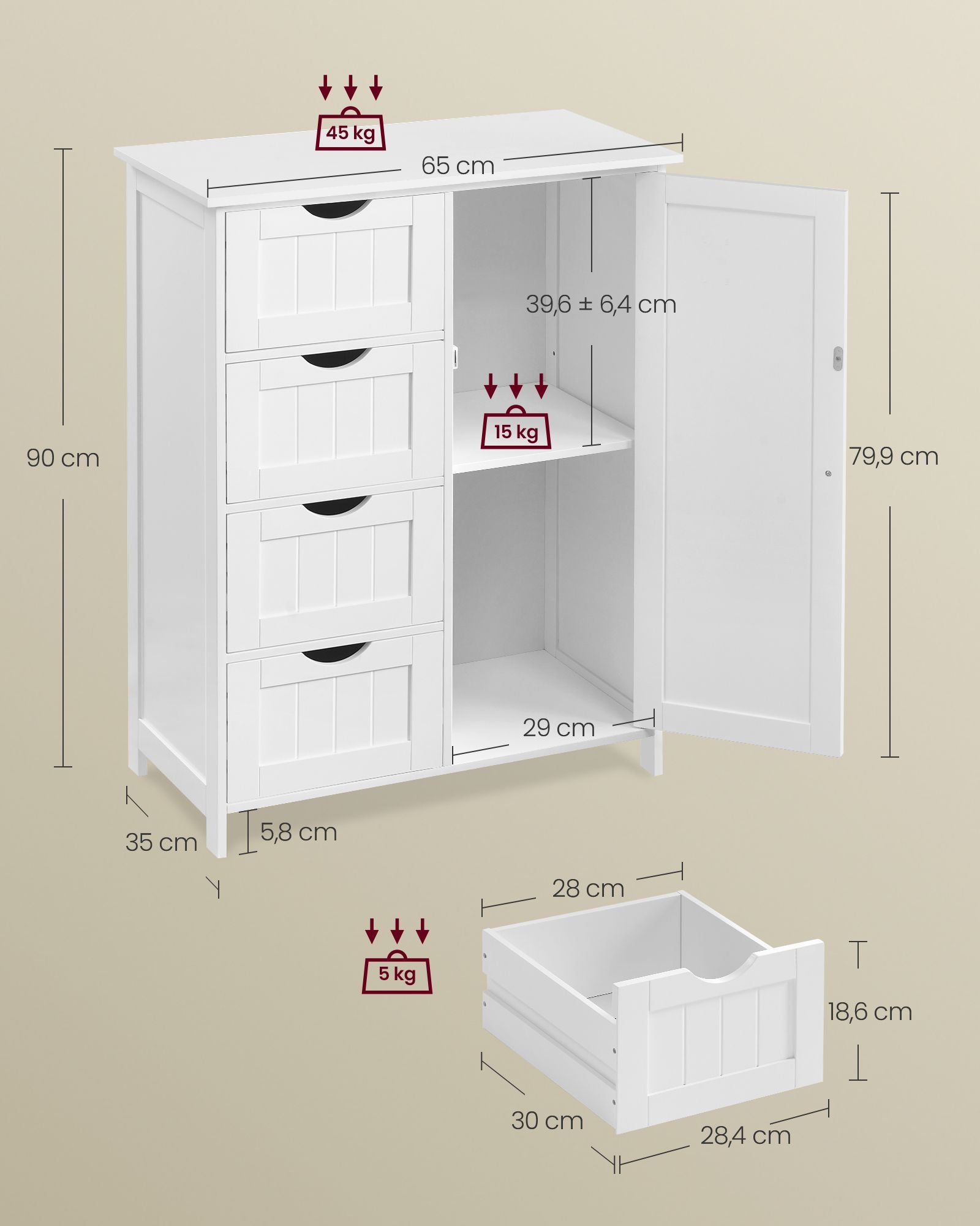 Badezimmerschrank - schmal - 4 Schubladen - Wolkwit