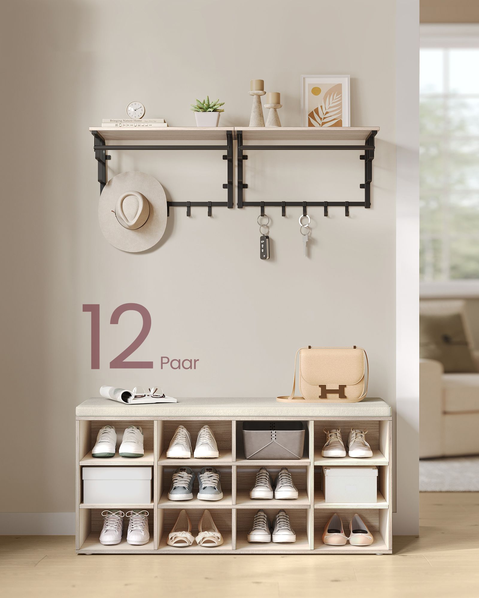 Schuhregal mit Sitz - 30,3 × 104 × 48 cm - Natural Beige