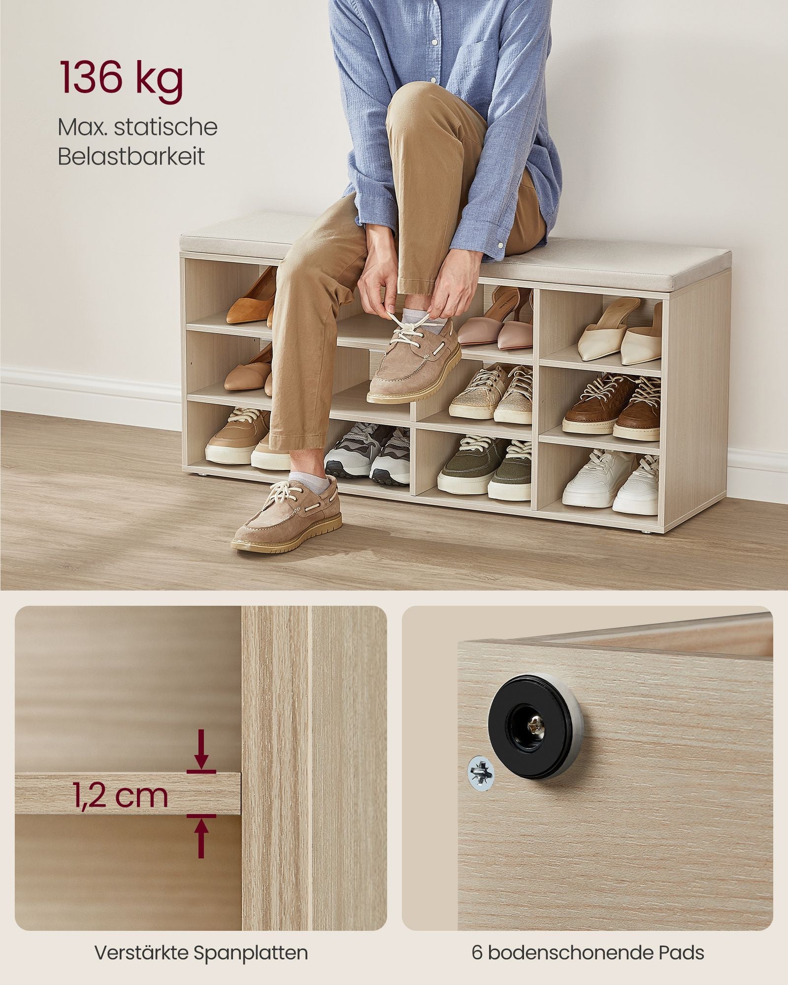 Schuhregal mit Sitz - 30,3 × 104 × 48 cm - Natural Beige