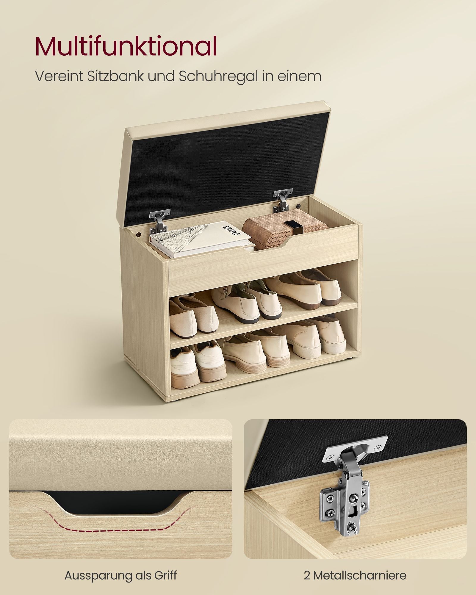 Schuhbank mit Kissen 30 x 60 x 44 cm Natural Beige