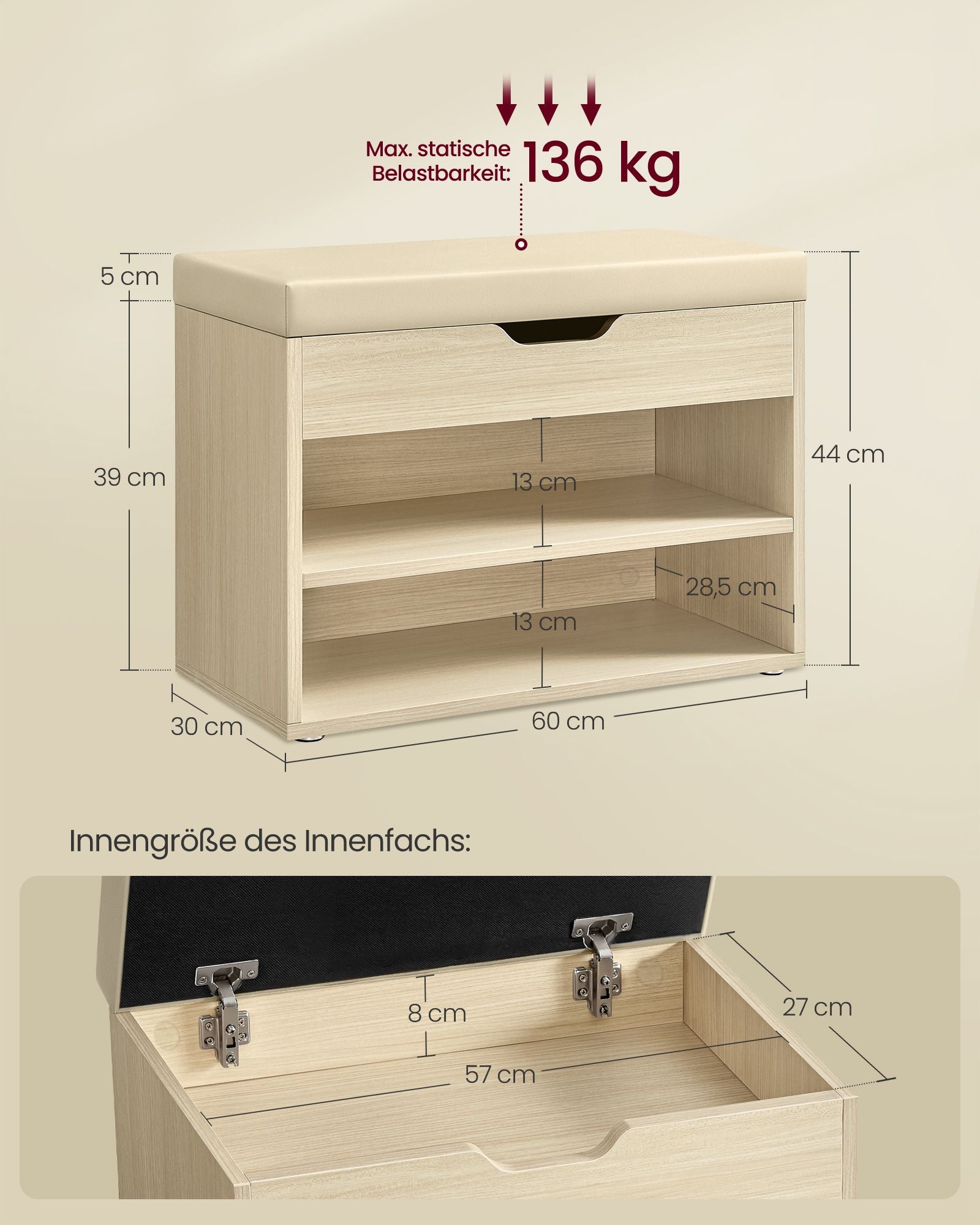 Schuhbank mit Kissen 30 x 60 x 44 cm Natural Beige