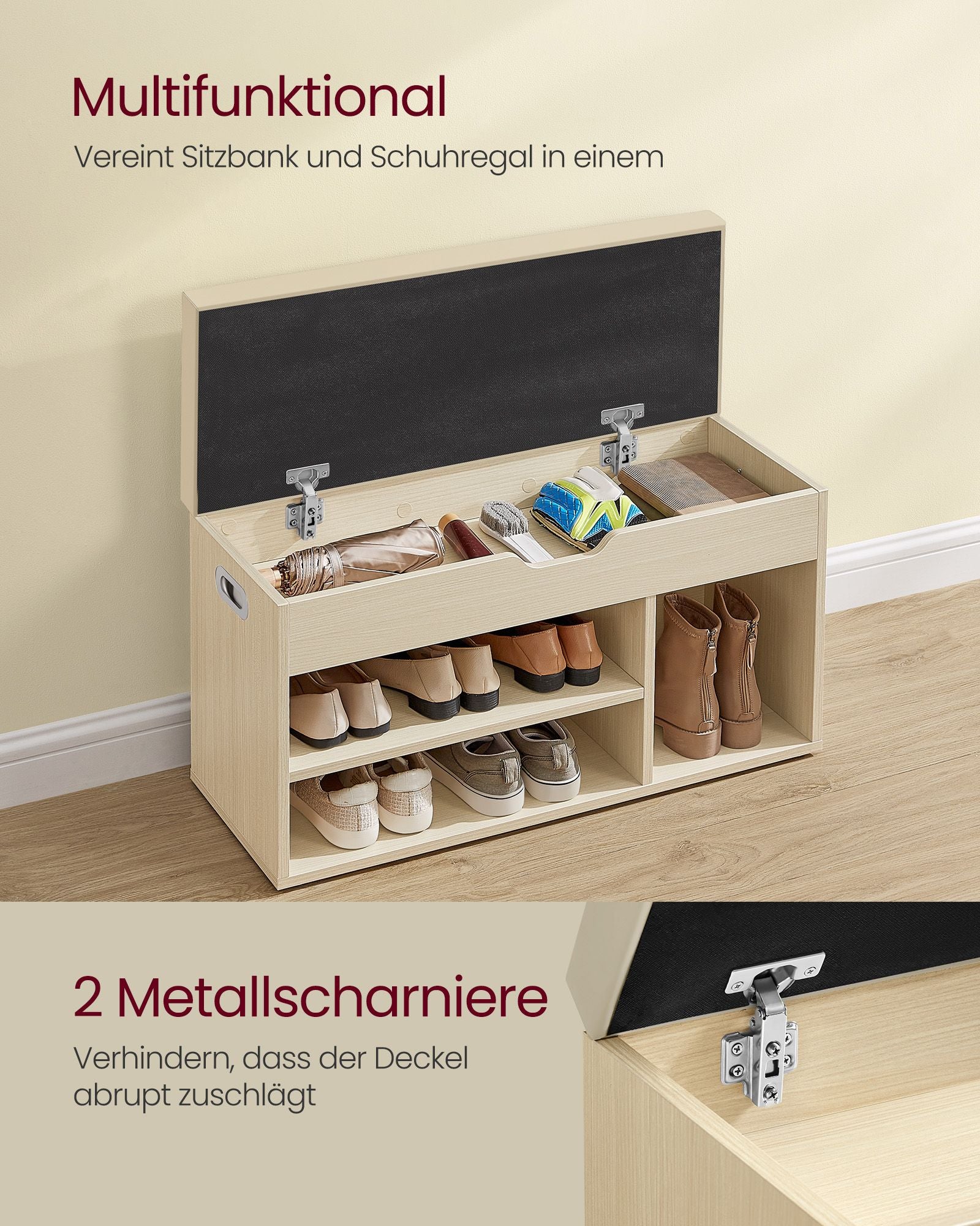 Schuhbank mit 3 offenen Fächern, natürlicher Beige