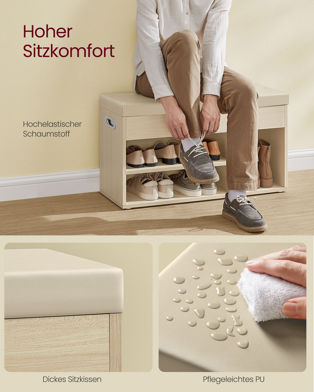 Schuhbank mit 3 offenen Fächern, natürlicher Beige