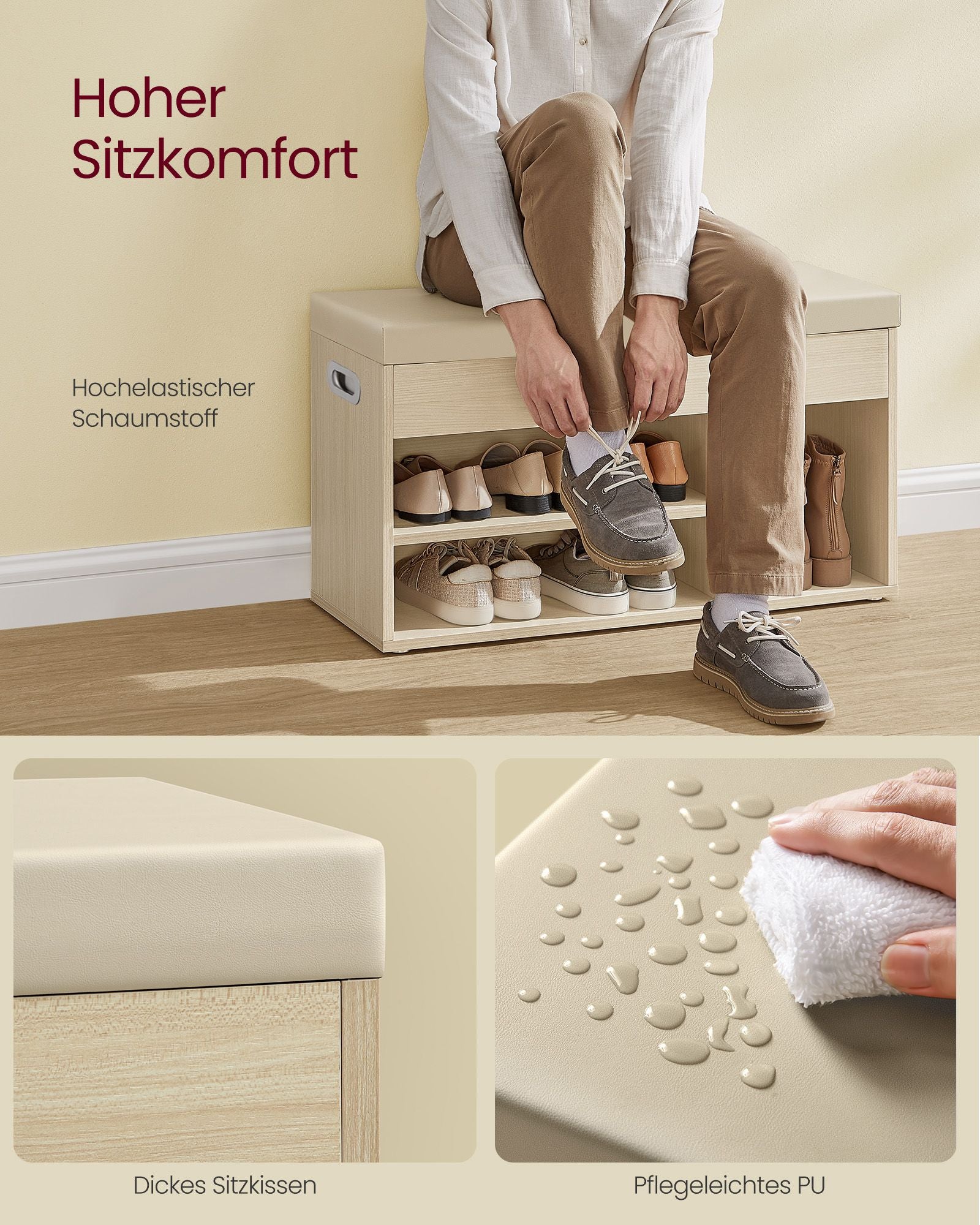 Schuhbank mit 3 offenen Fächern, natürlicher Beige