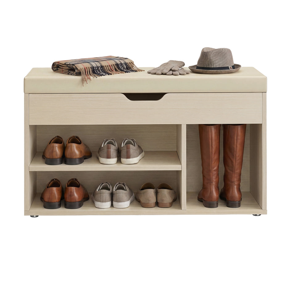 Schoenenbank - Met Zitkussen en Opbergruimte - Naturelbeige en cappuccinobeige - 30,3 x 80 x 44 cm