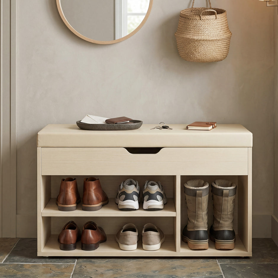 Schoenenbank - Met Zitkussen en Opbergruimte - Naturelbeige en cappuccinobeige - 30,3 x 80 x 44 cm