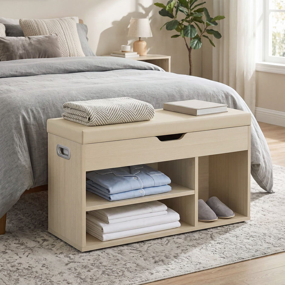 Schoenenbank - Met Zitkussen en Opbergruimte - Naturelbeige en cappuccinobeige - 30,3 x 80 x 44 cm