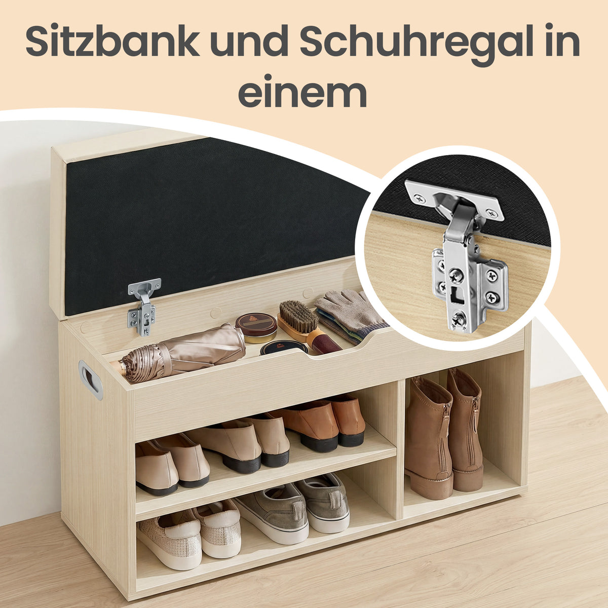 Schoenenbank - Met Zitkussen en Opbergruimte - Naturelbeige en cappuccinobeige - 30,3 x 80 x 44 cm