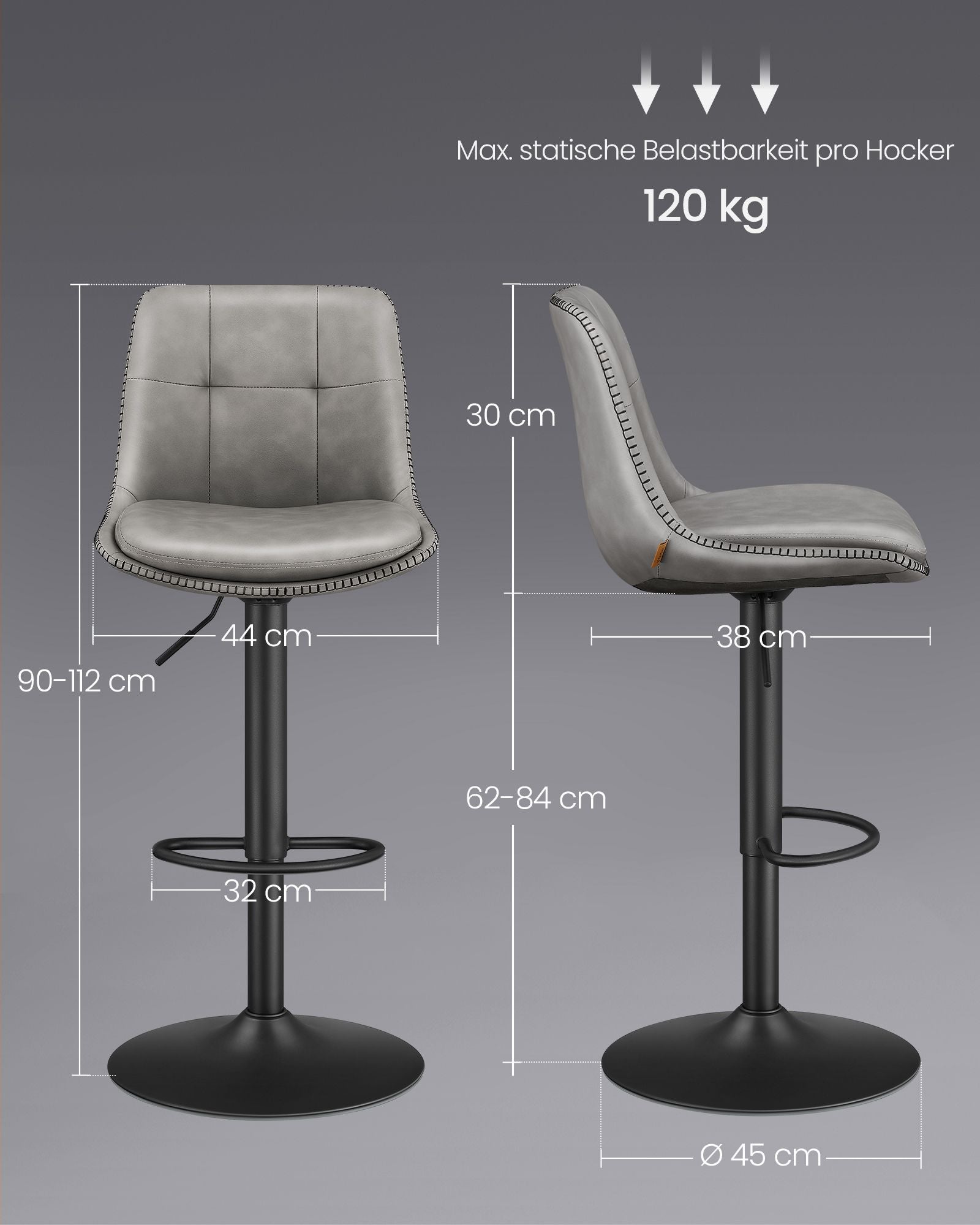Barhocker - 2 - mit Fußstütze - Taube grau