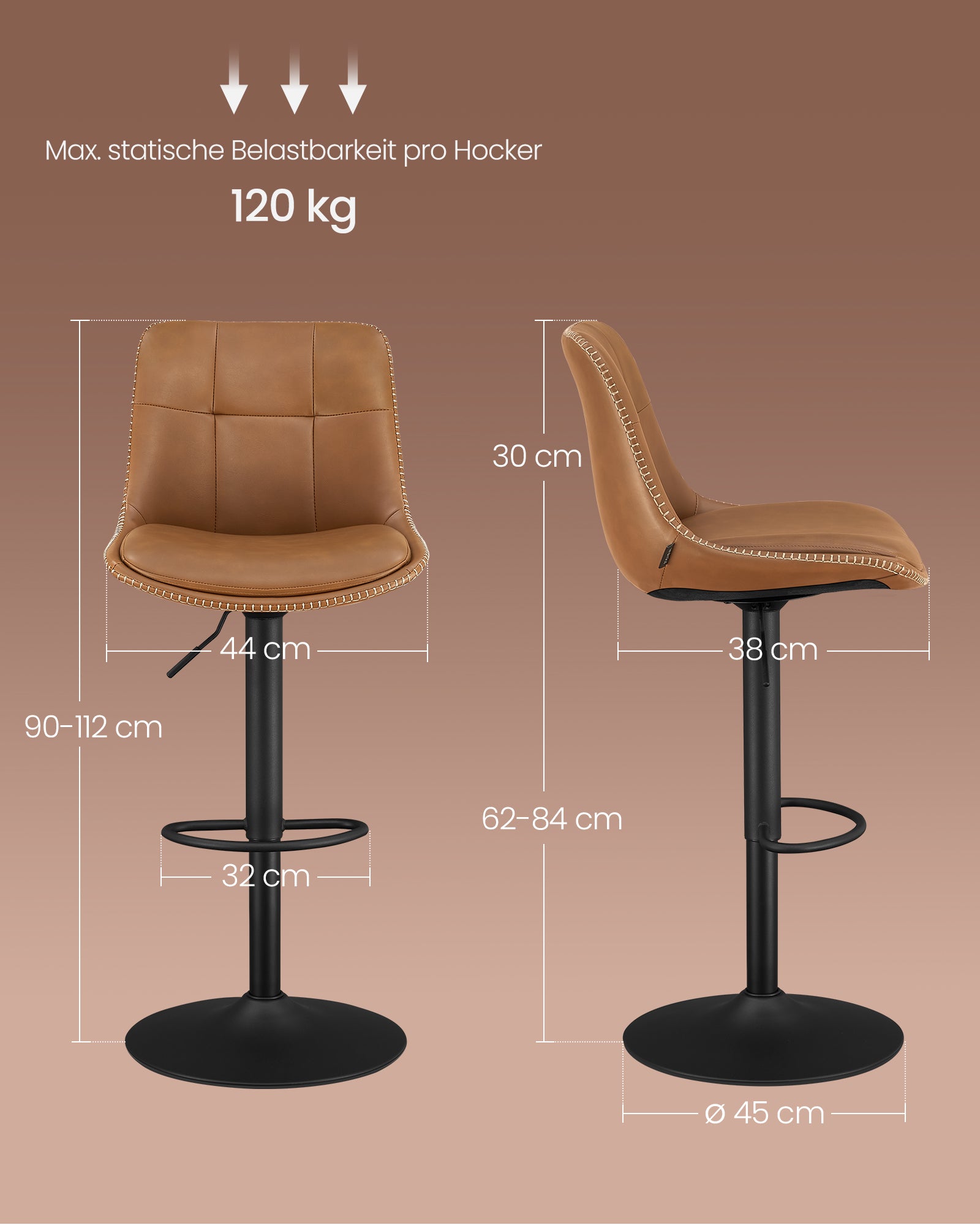 Barhocker - 2 - mit Rückenlehne - Karamell Brown