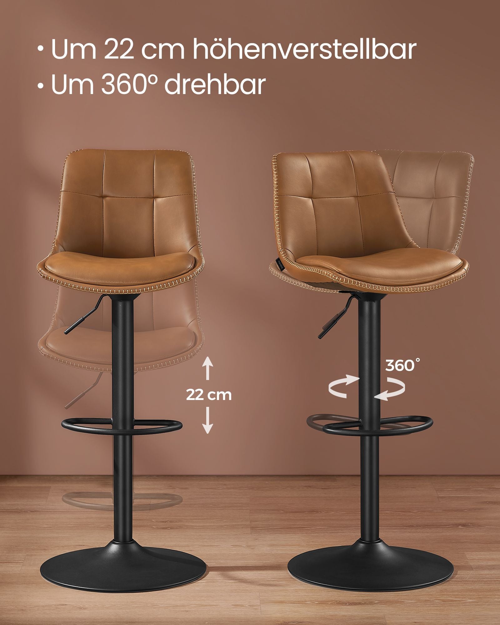 Barhocker - 2 - mit Rückenlehne - Karamell Brown
