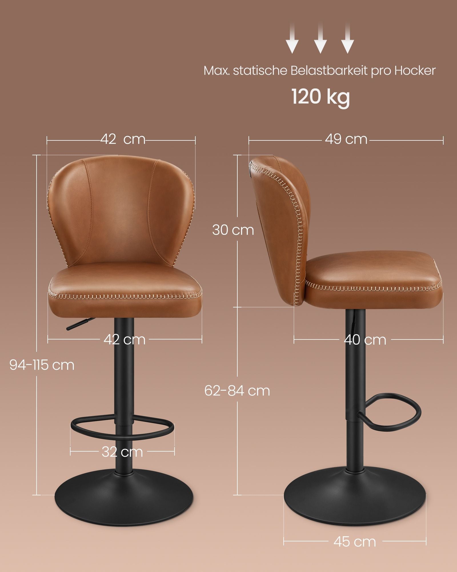 Barhocker -Set von 2 Rotatierbar mit Karamellbraun im Rückenlehne
