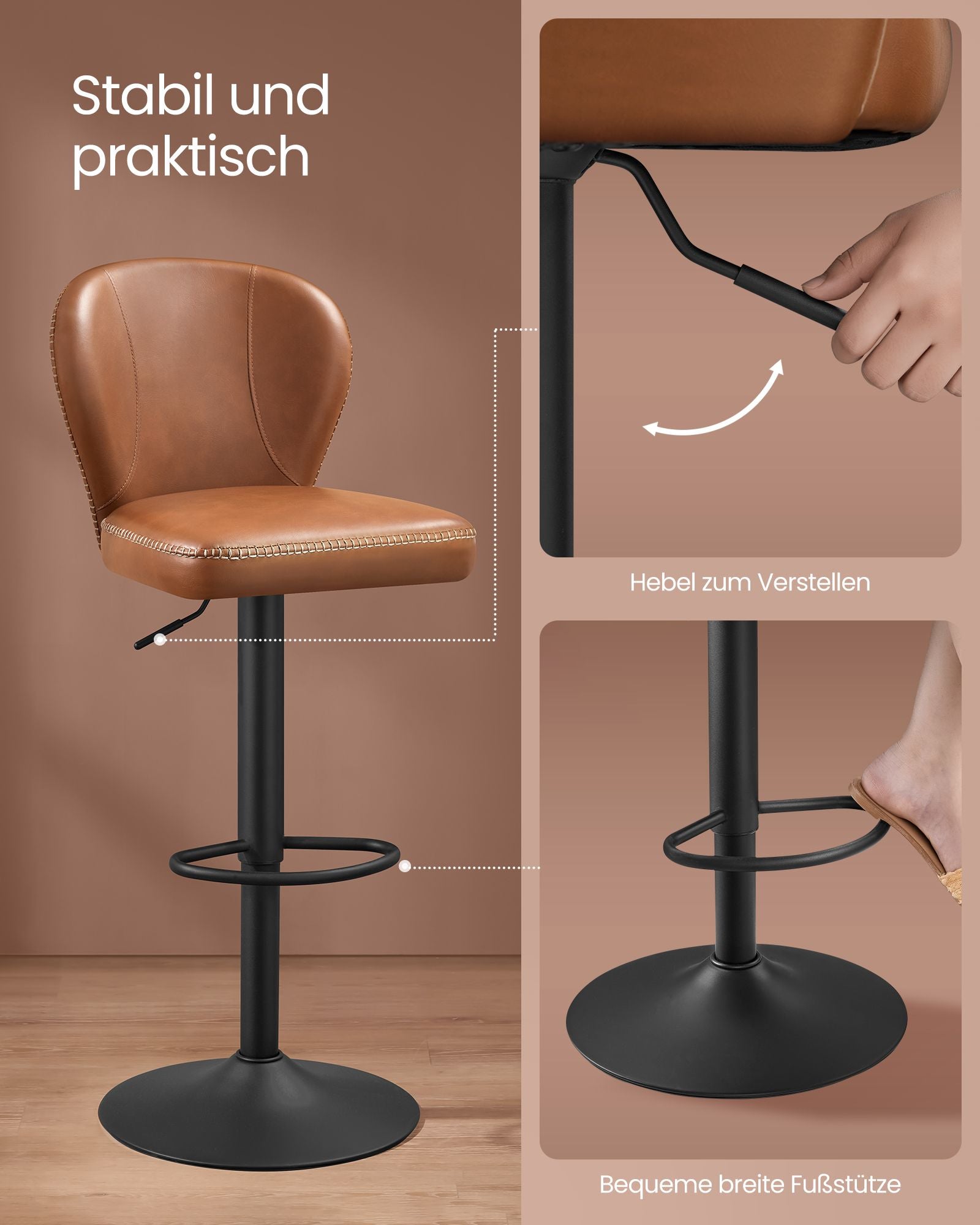 Barhocker -Set von 2 Rotatierbar mit Karamellbraun im Rückenlehne