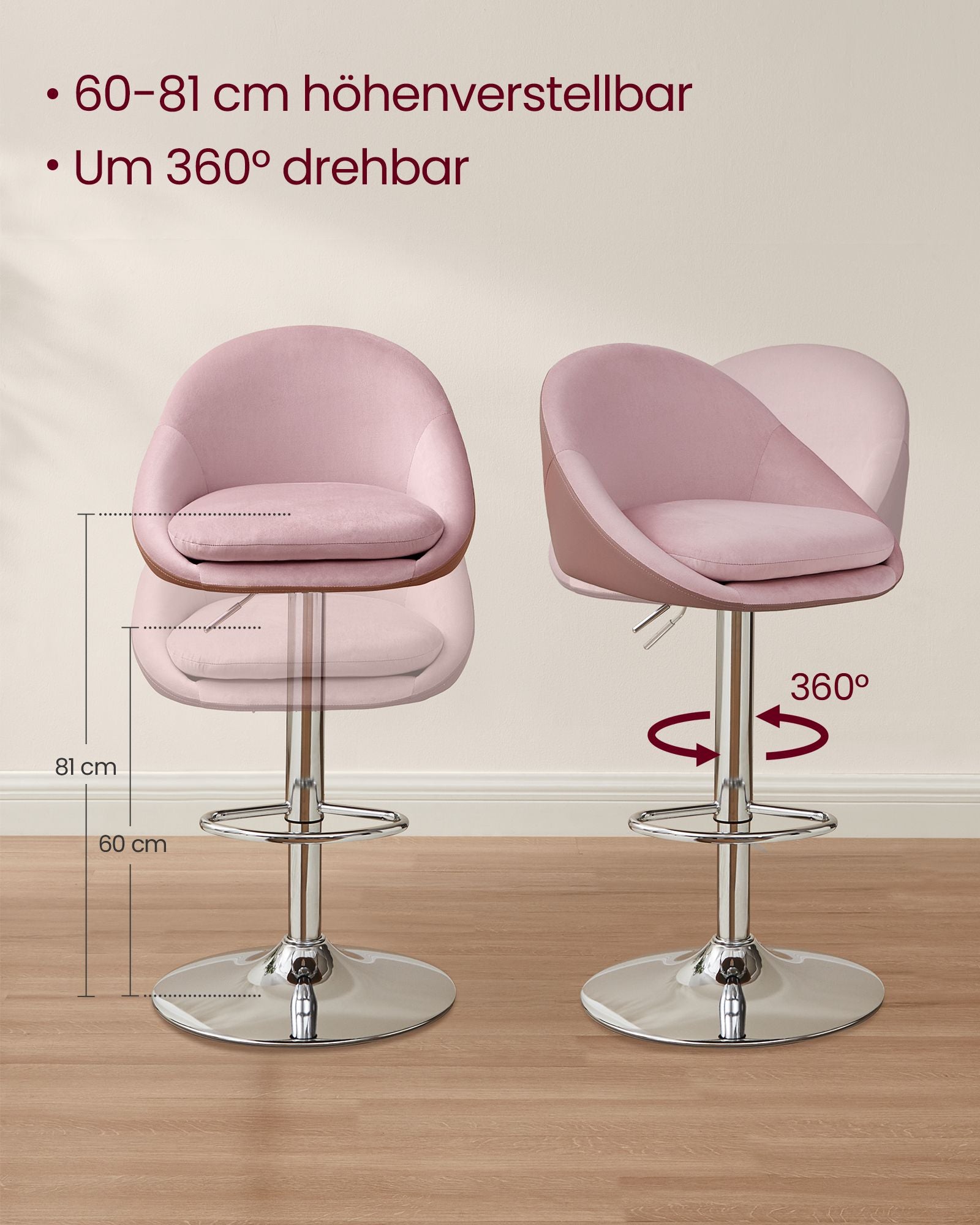 Stuhlhocker - 2 - Höhenverstellbar - Pastellrosa & Silbergrau