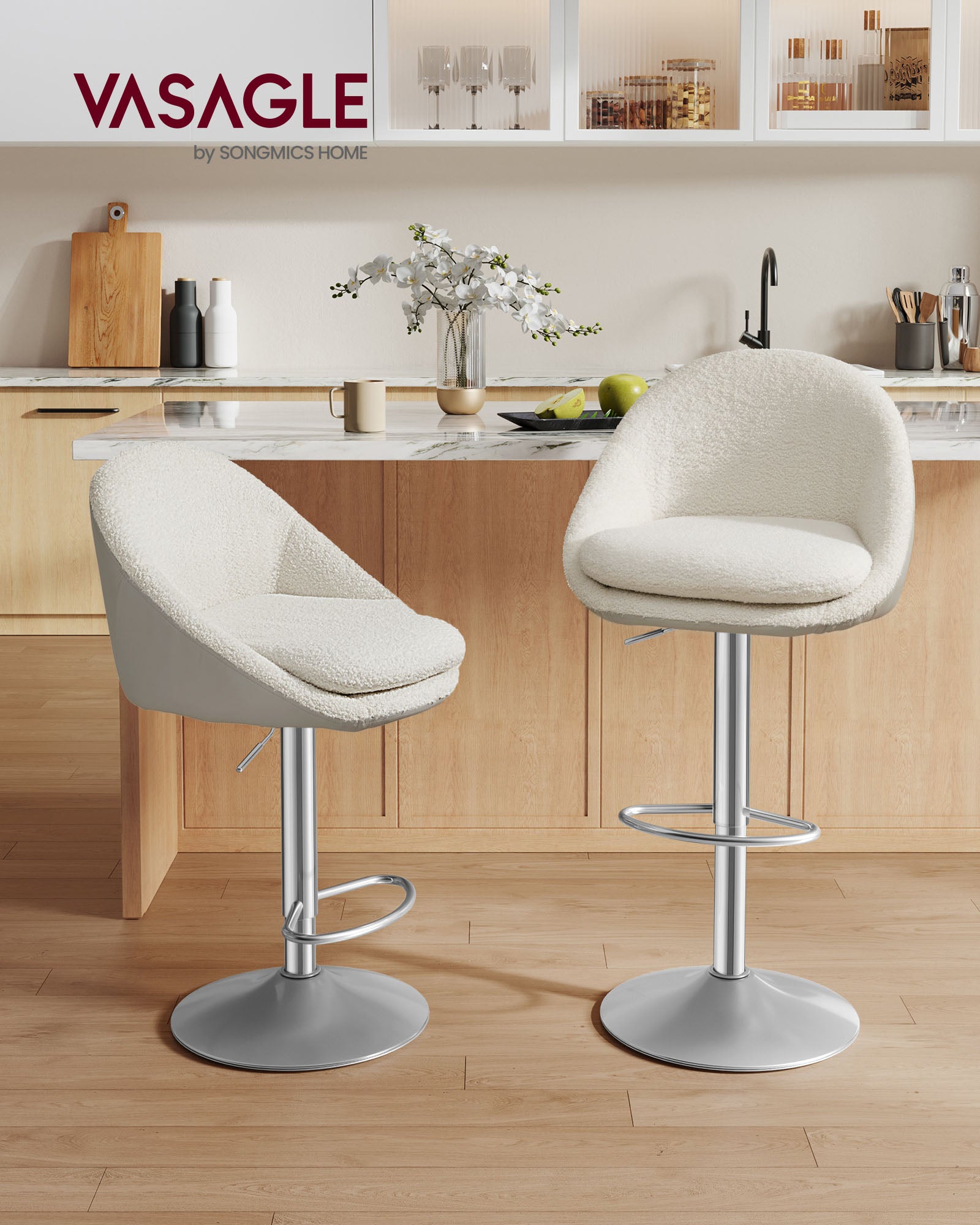 Stangenhocker-Set von 2 in Höhenverstellbares Creme weiß-Silver Grau