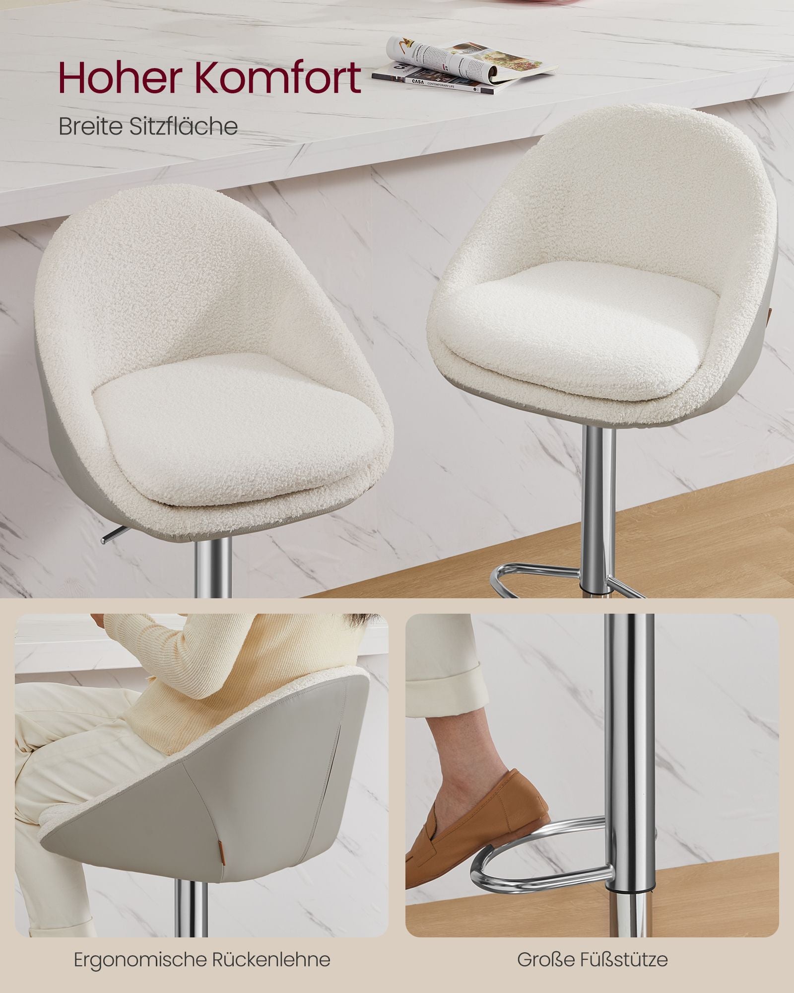 Stangenhocker-Set von 2 in Höhenverstellbares Creme weiß-Silver Grau