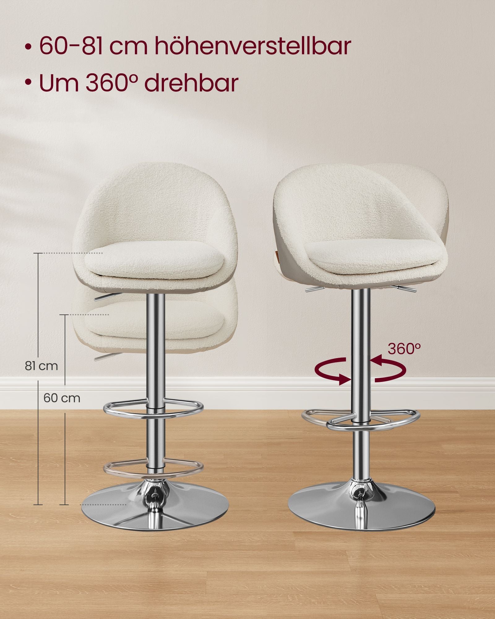 Stangenhocker-Set von 2 in Höhenverstellbares Creme weiß-Silver Grau