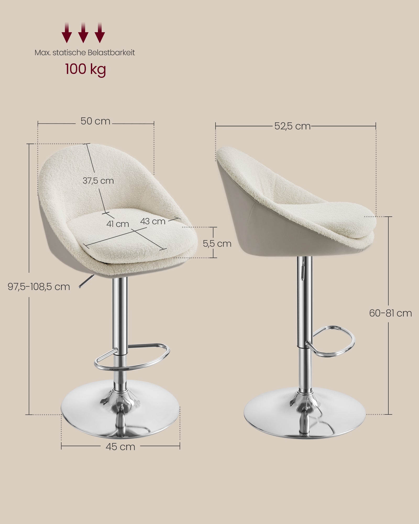Stangenhocker-Set von 2 in Höhenverstellbares Creme weiß-Silver Grau