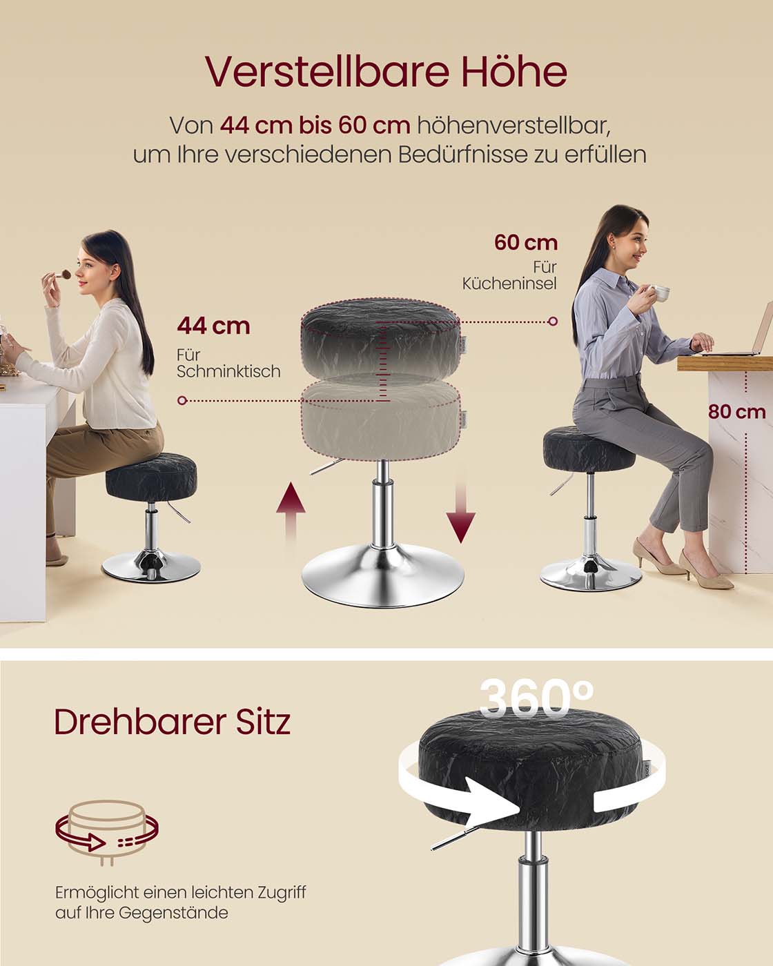 Höhe einstellbar und 360 ° rotierender Make-up-Stuhl-Tintenschwarz