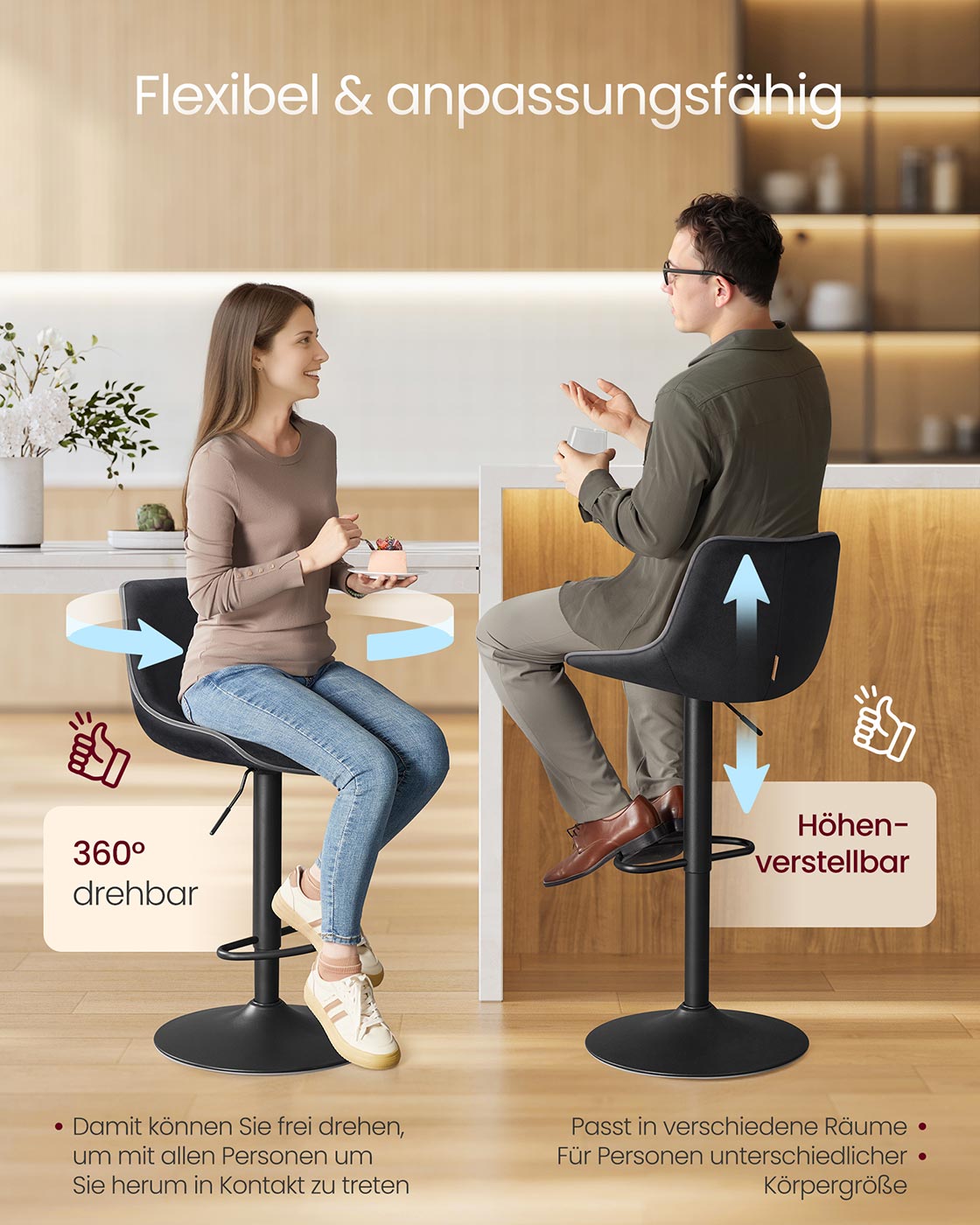 Stabhocker -Set - Höhe einstellbar - rotierender Sitz - Samtpolster