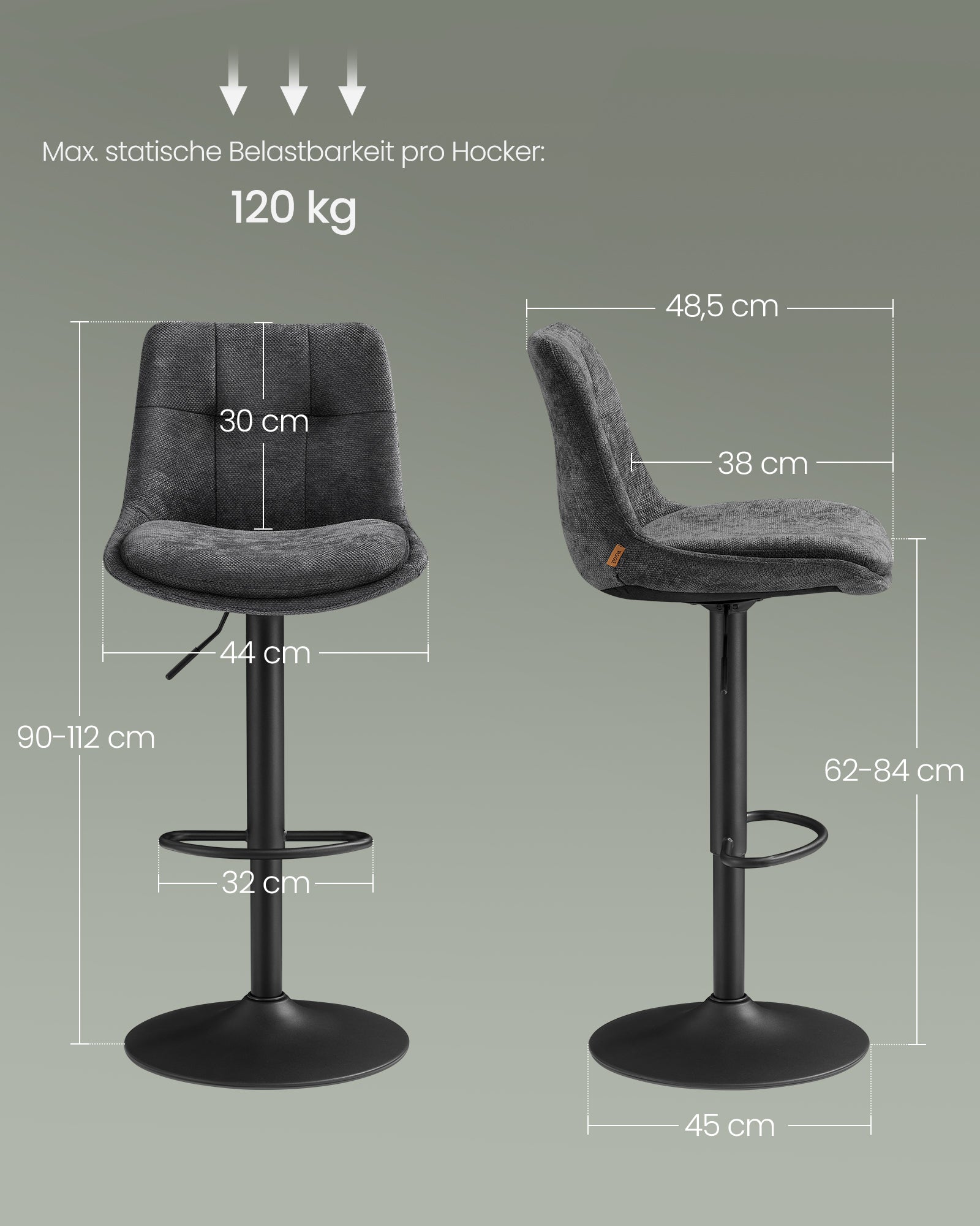 Höhenhöhe -Anpassbare Barsitze mit Rückenlehne und Fußstütze in Leigrijs
