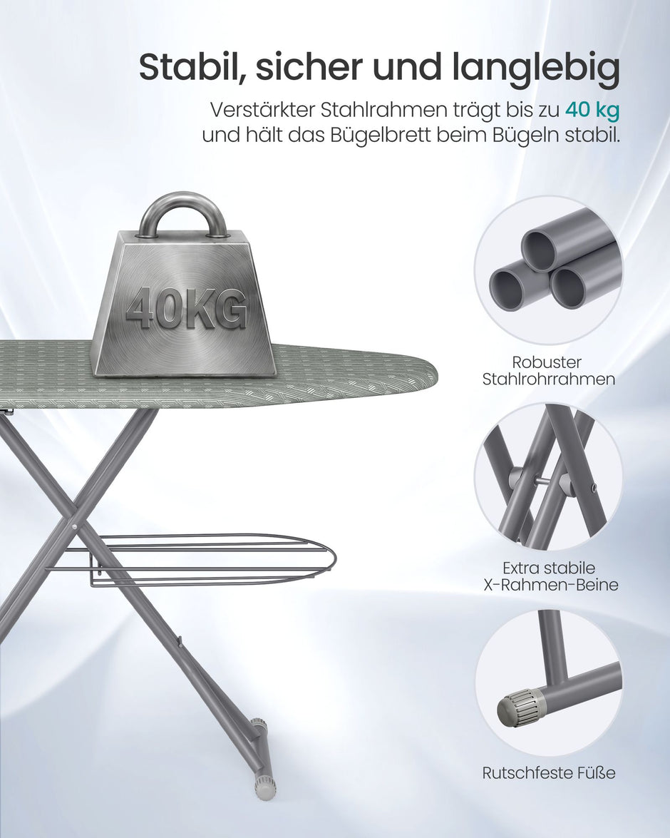 Strijkplank - Met Stopcontact en Ablage - In Hoogte Verstelbaar - Duifgrijs - 160 x 38 x 72,5-90 cm