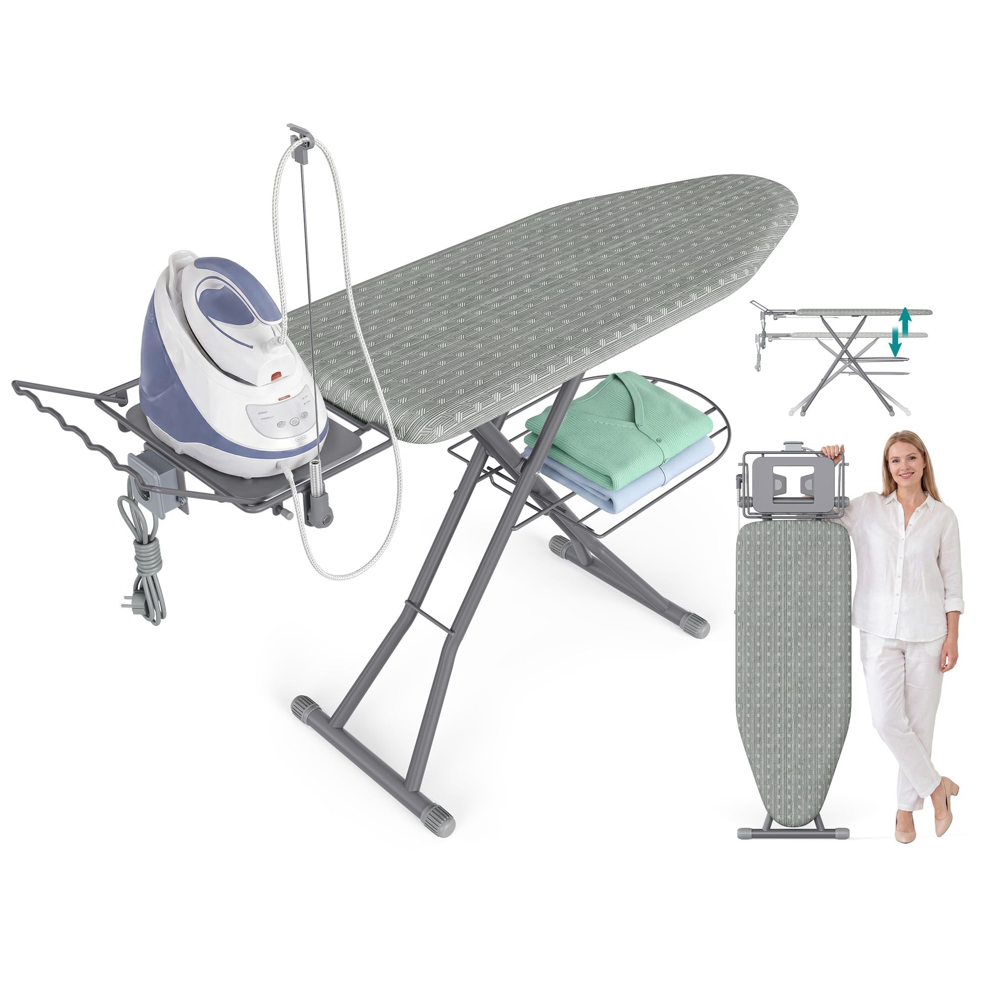 Strijkplank - Met Stopcontact en Ablage - In Hoogte Verstelbaar - Duifgrijs - 160 x 45,5 x 72,5-90 cm