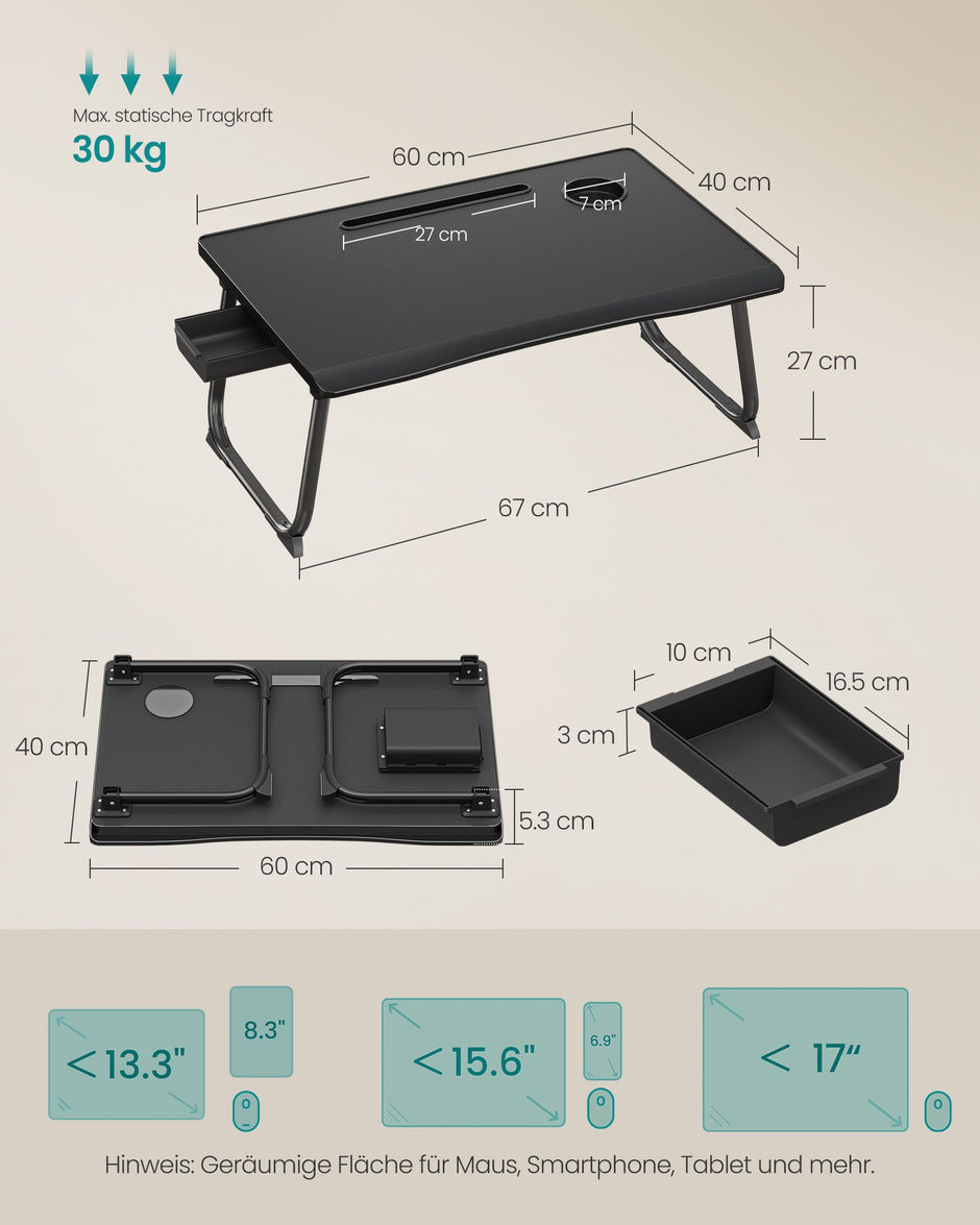 Laptoptafel voor op Bed – Inklapbaar – Met Lade – 60 x 40 x 27 cm – Inktzwart