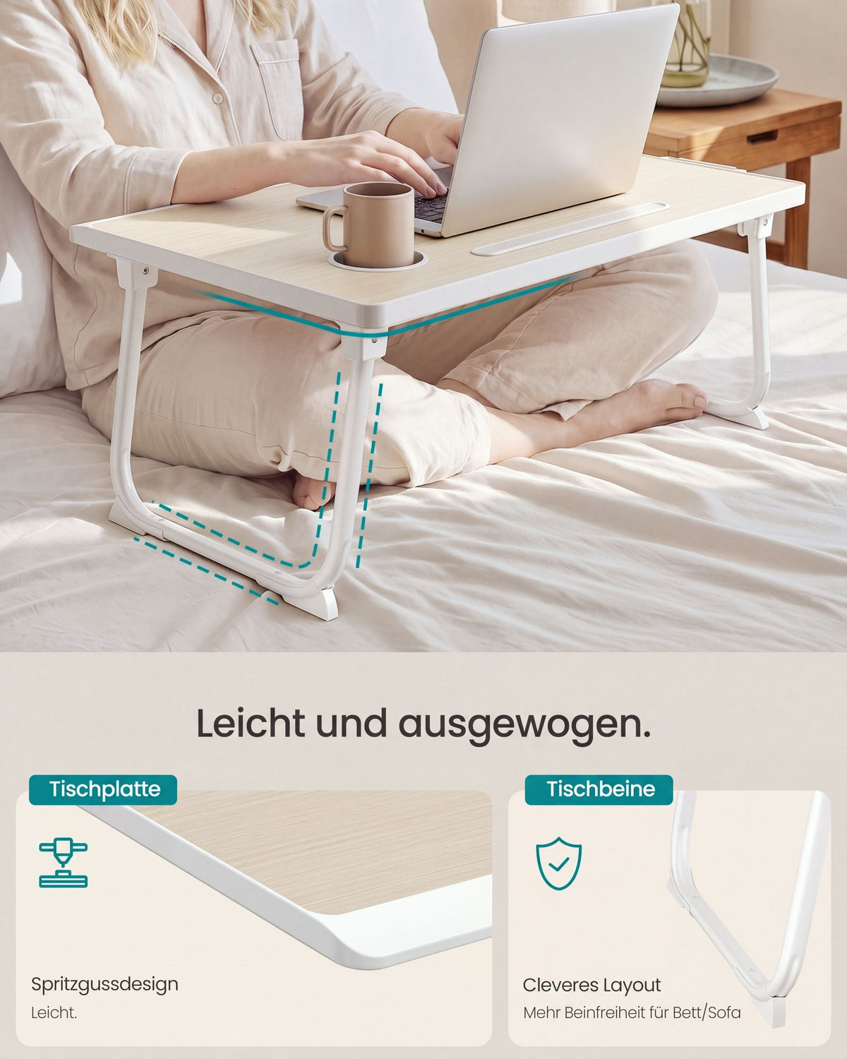 Laptoptafel voor op Bed – Inklapbaar – Met Lade – 60 x 40 x 27 cm – Natuurbeige