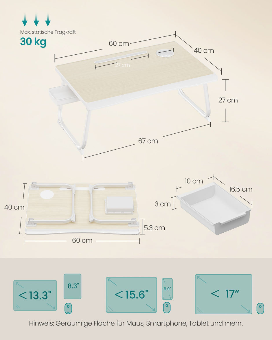 Laptoptafel voor op Bed – Inklapbaar – Met Lade – 60 x 40 x 27 cm – Natuurbeige
