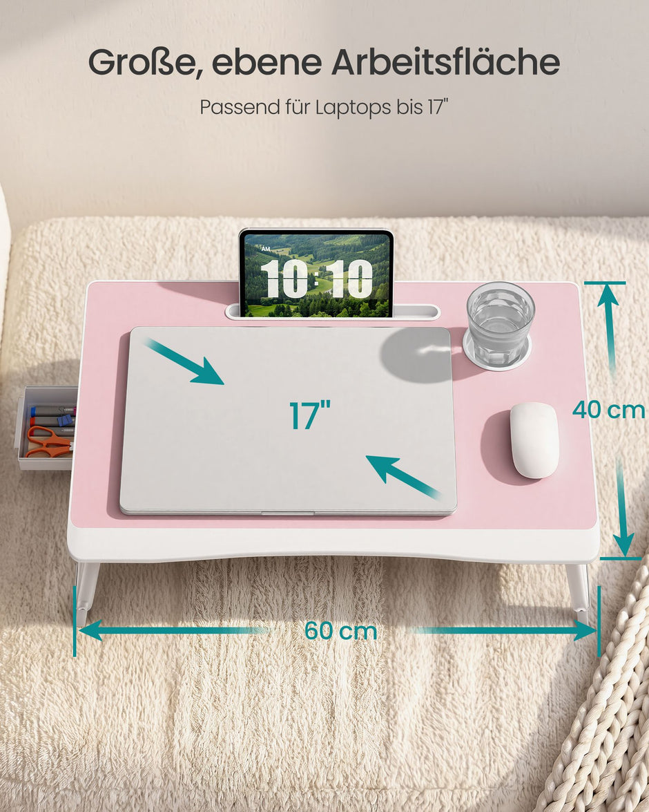 Laptoptafel voor op Bed – Inklapbaar – Met Lade – 60 x 40 x 27 cm – Pastelroze