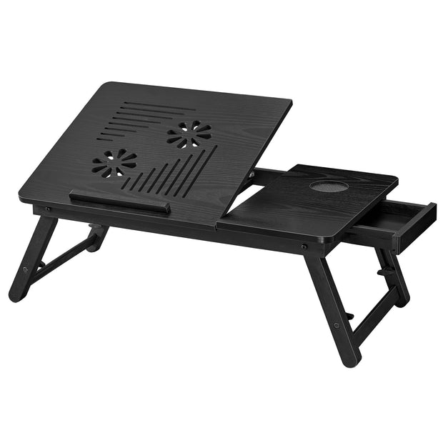 Laptoptafel – Verstelbaar – MDF en Bamboe – Met Lade – 55,5 x 35 x 30 cm – Zwart