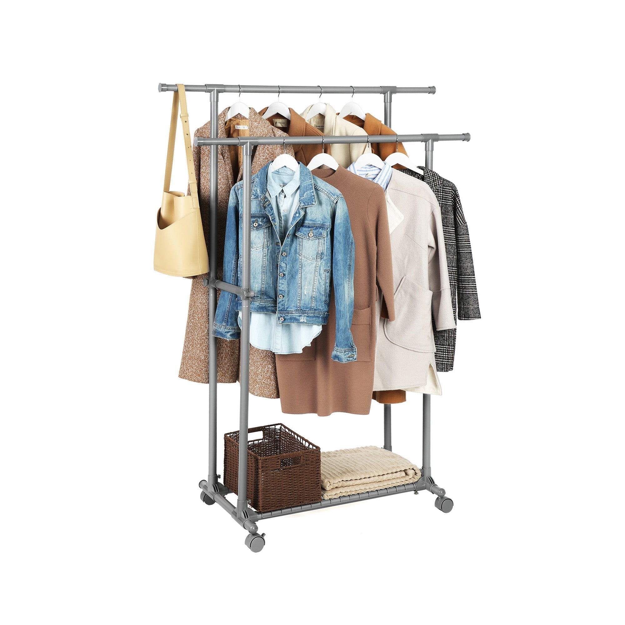 Kleiderregal an Rädern - Doppelstange - Ausziehbar - max. Belastungskapazität 70 kg - schwarz