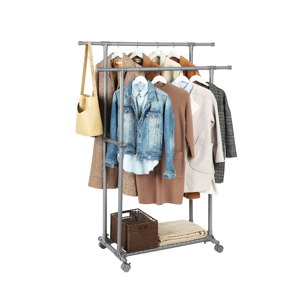 Kleiderregal an Rädern - Doppelstange - Ausziehbar - max. Belastungskapazität 70 kg - schwarz