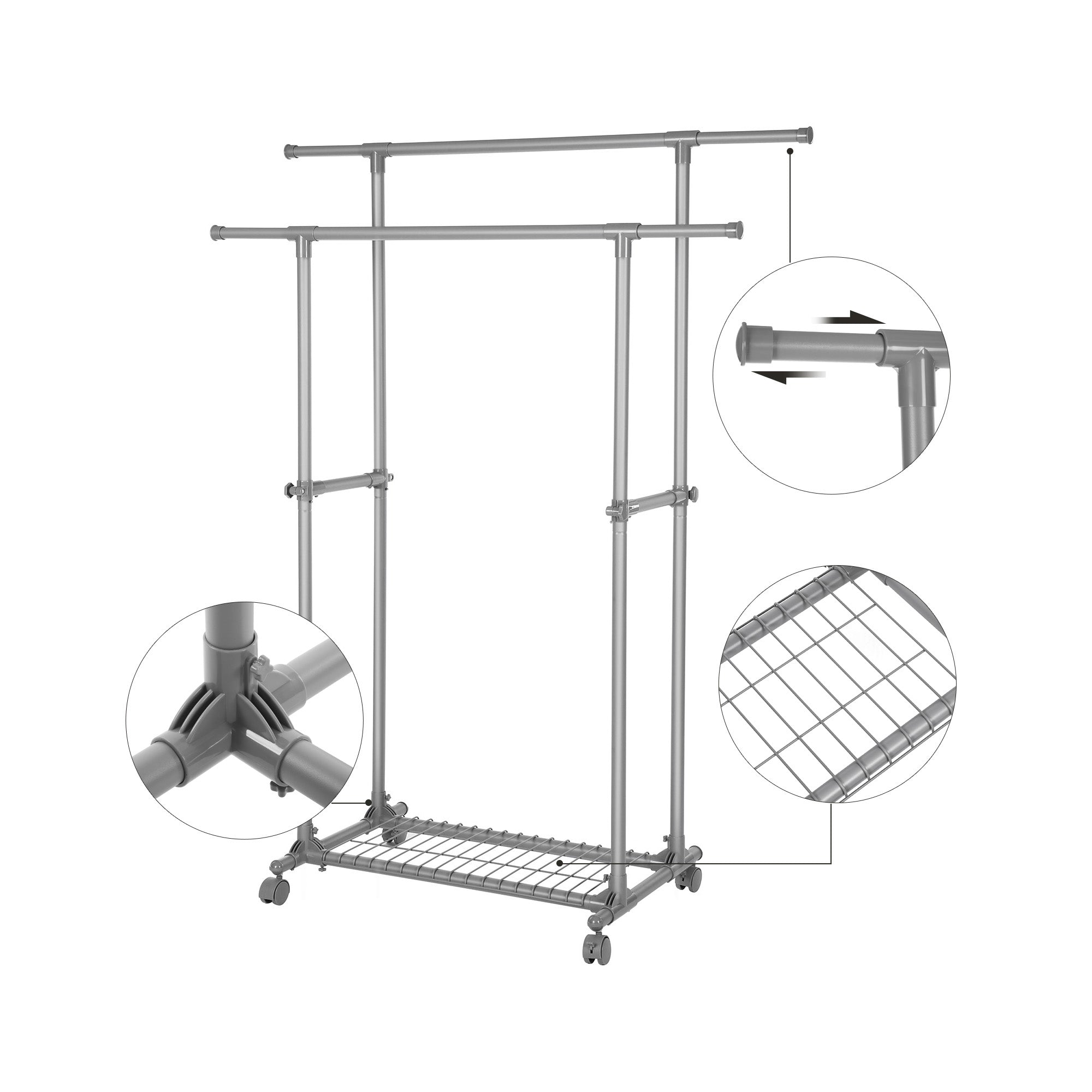 Kleiderregal an Rädern - Doppelstange - Ausziehbar - max. Belastungskapazität 70 kg - schwarz