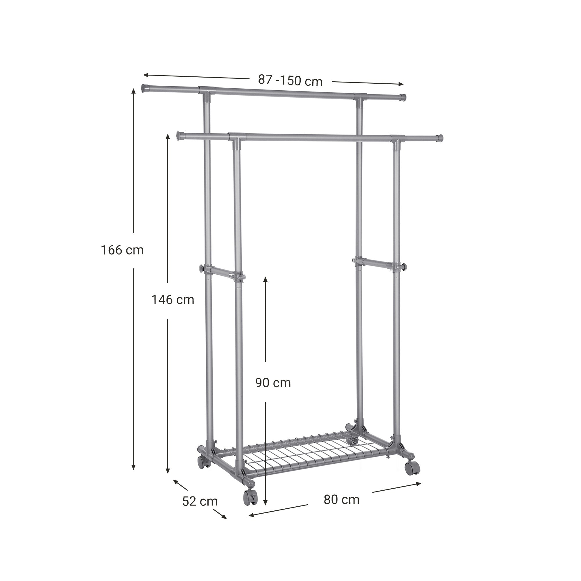 Kleiderregal an Rädern - Doppelstange - Ausziehbar - max. Belastungskapazität 70 kg - schwarz