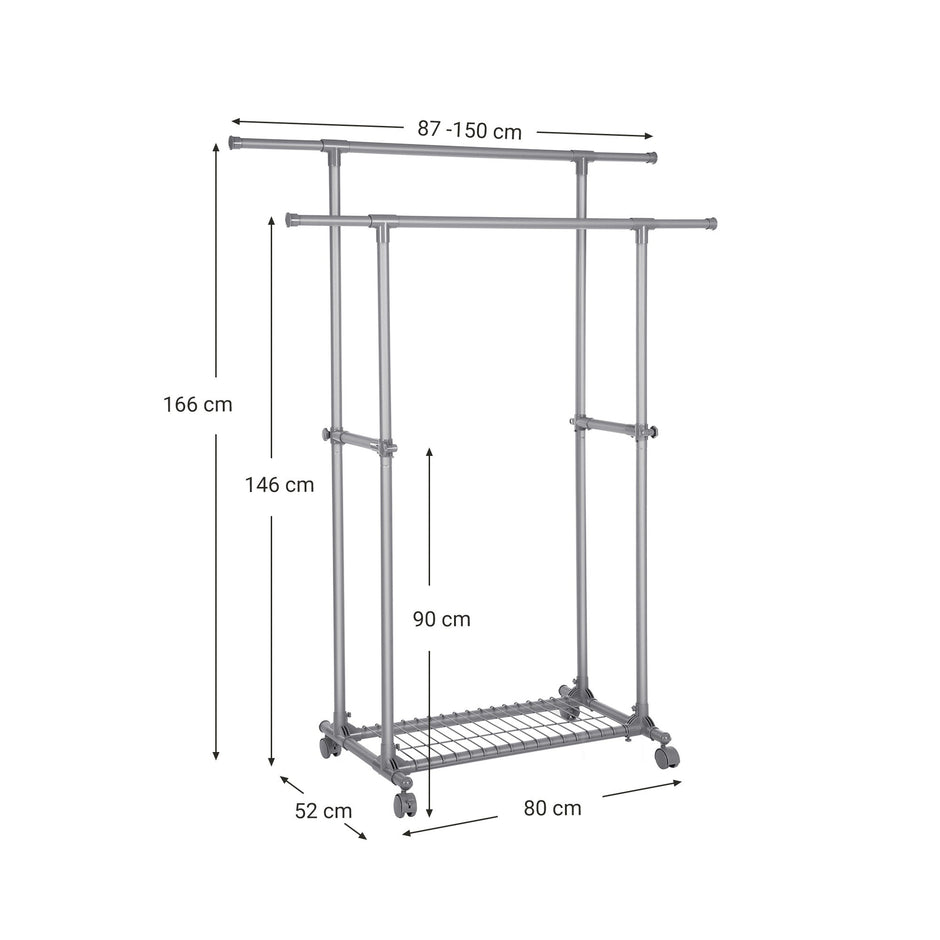 Kleiderregal an Rädern - Doppelstange - Ausziehbar - max. Belastungskapazität 70 kg - schwarz