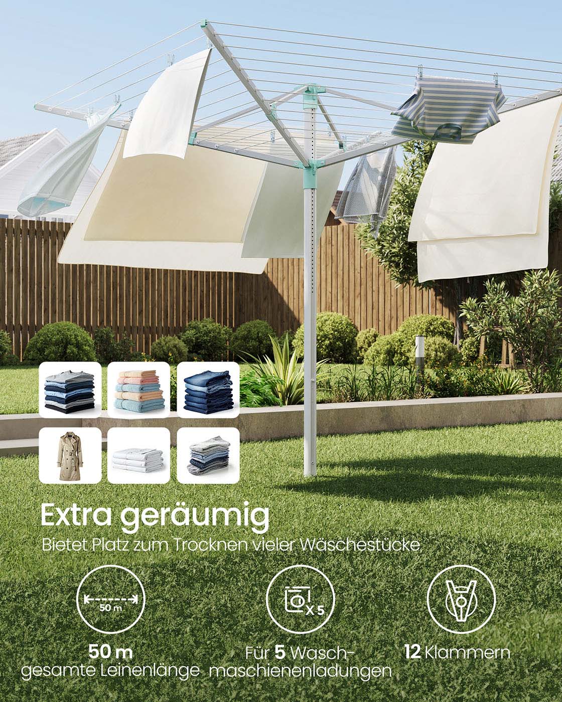 Waschlinie 50 Meter - geeignet für 5 Maschinen - Silber/Grün