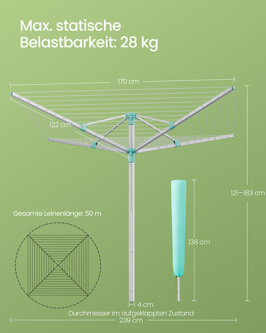 Waschlinie 50 Meter - geeignet für 5 Maschinen - Silber/Grün